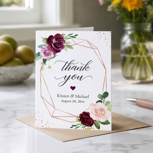 Plum Purple Floral Modern Geometric Gold Frame Thank You Card (Creator Uploaded)