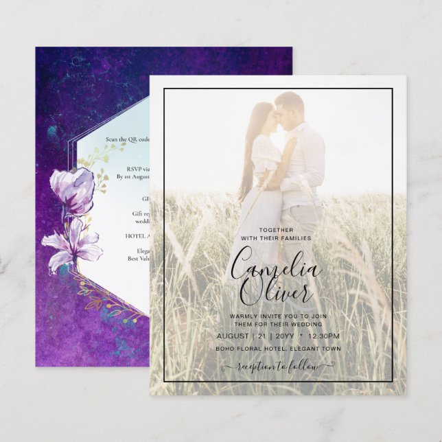 Plum Purple Floral Photo Overlay Wedding  (Front/Back)