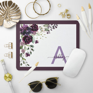 Plum Purple Floral Script Name Monogram Initial Mouse Mat