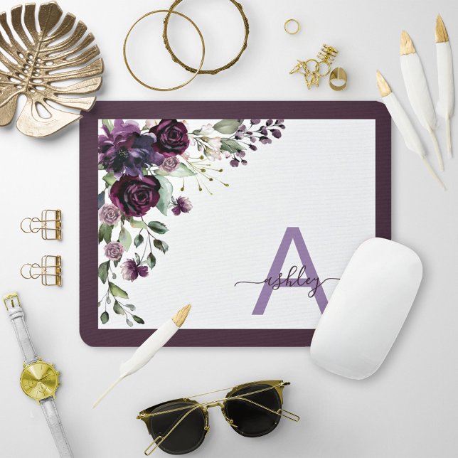 Plum Purple Floral Script Name Monogram Initial Mouse Mat (Creator Uploaded)