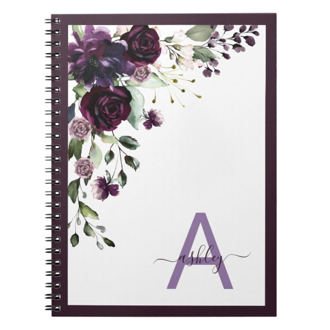 Plum Purple Floral Script Name Monogram Initial Notebook (Front)