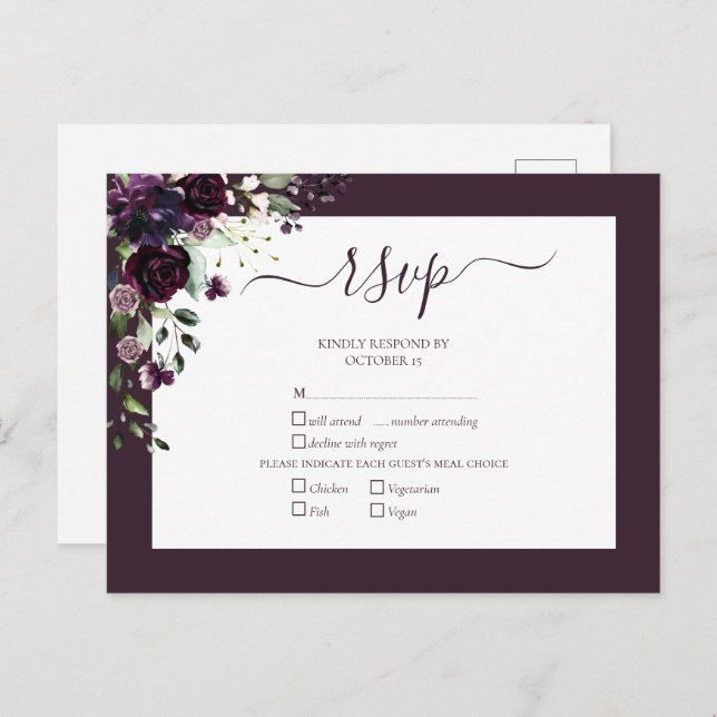Plum Purple Floral Script Wedding RSVP Invitation Postcard (Front/Back)
