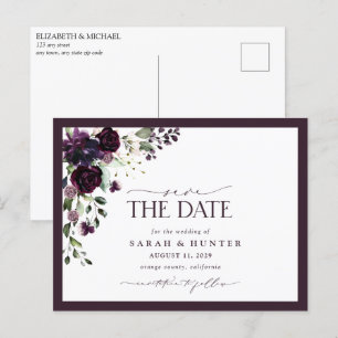 Plum Purple Floral Script Wedding Save The Date Invitation Postcard