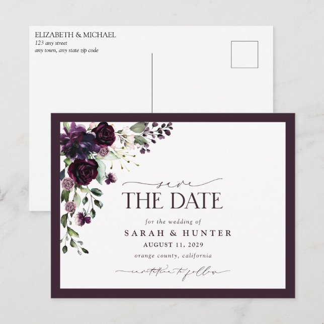 Plum Purple Floral Script Wedding Save The Date Invitation Postcard (Front/Back)