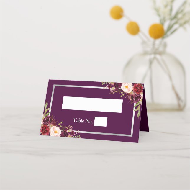 Plum Purple Floral Silver Grey Frame Wedding Place Card (Front)