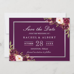 Plum Purple Floral Silver Grey Save the Date
