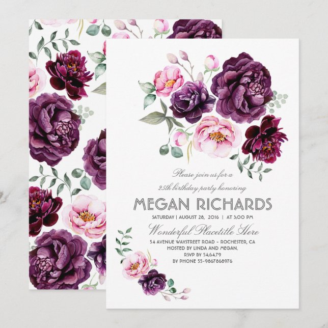 Plum Purple Floral Watercolor Boho Birthday Party Invitation (Front/Back)