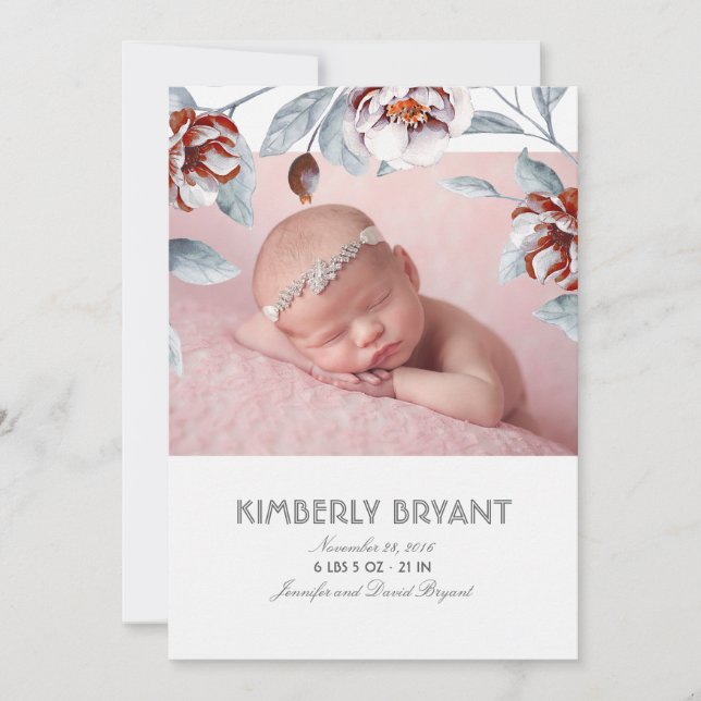 Plum Purple Floral Watercolor Sweet Baby Birth Announcement (Front)