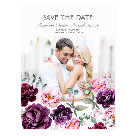 Plum Purple Floral Watercolors Photo Save the Date Postcard