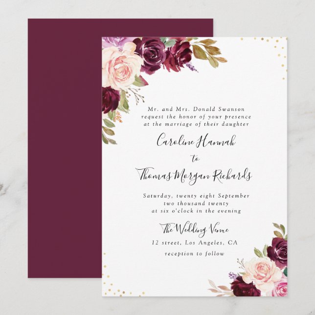 plum purple floral wedding invitation (Front/Back)