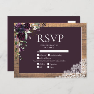 Plum Purple Floral Wood Lace Rustic Wedding RSVP Invitation Postcard
