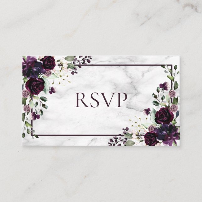 Plum Purple Flower Marble Fall Winter Wedding RSVP Enclosure Card (Front)