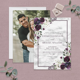 Plum Purple Flower Watercolor Marble Photo Wedding Invitation