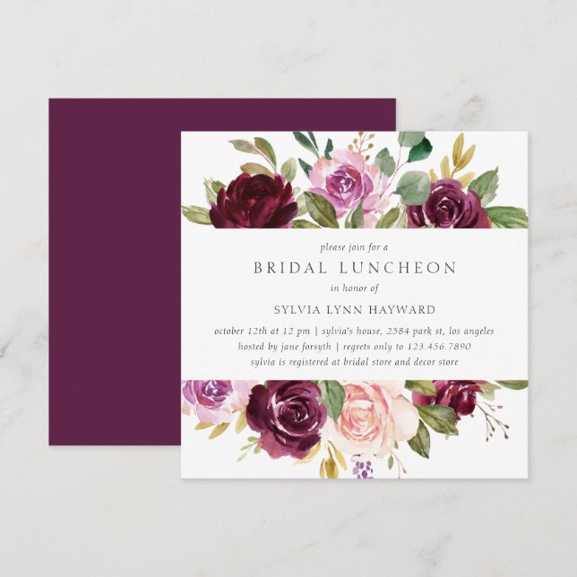 Plum Purple Flowers Fall Floral Bridal Luncheon Invitation (Front/Back)