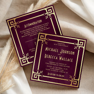Plum Purple Gold Art Deco All in One Wedding Invitation