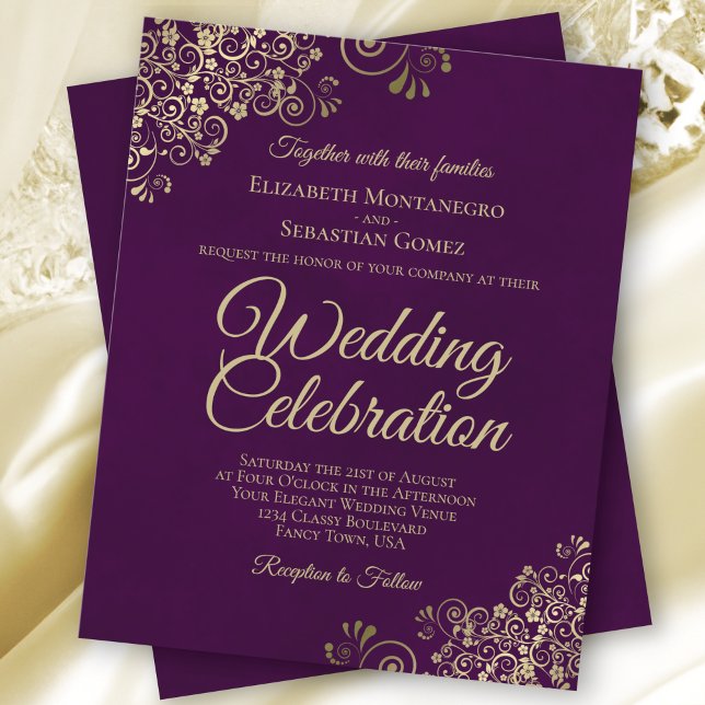 Plum Purple & Gold Fancy BUDGET Wedding Invitation (Creator Uploaded)