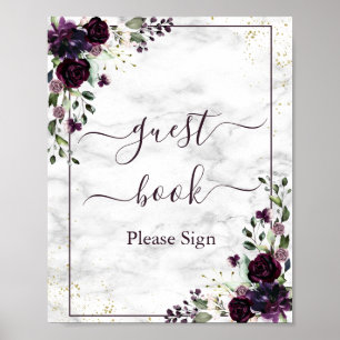Plum Purple Gold Floral Marble Guest Book Sign