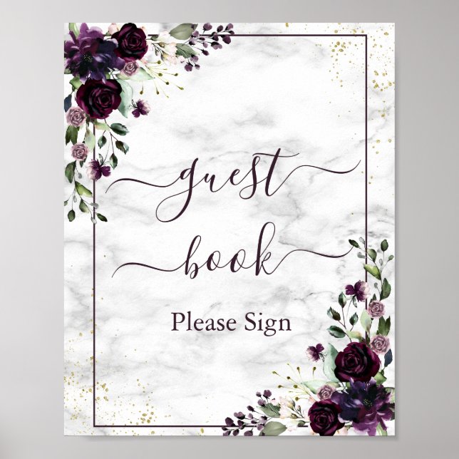 Plum Purple Gold Floral Marble Guest Book Sign (Front)
