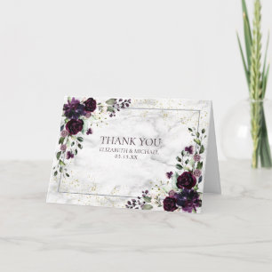 Plum Purple Gold Floral Photo Wedding Thank You Card