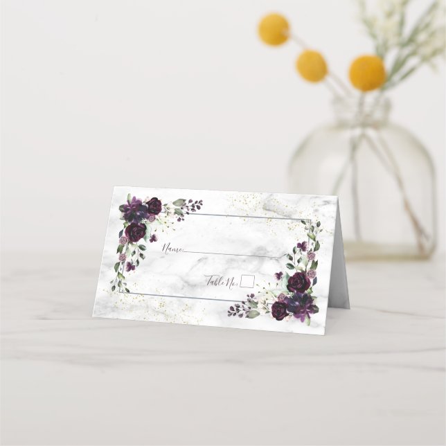 Plum Purple Gold Floral Place Card (Front)