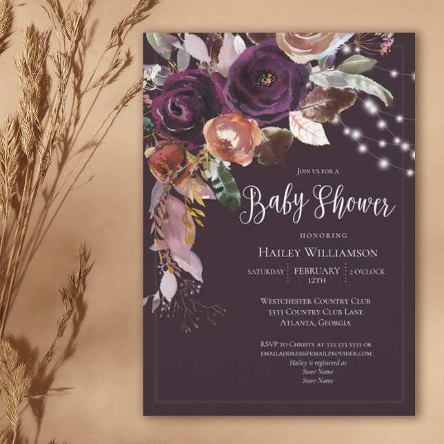 Plum, Purple, Gold Floral String Light Baby Shower Invitation (Creator Uploaded)