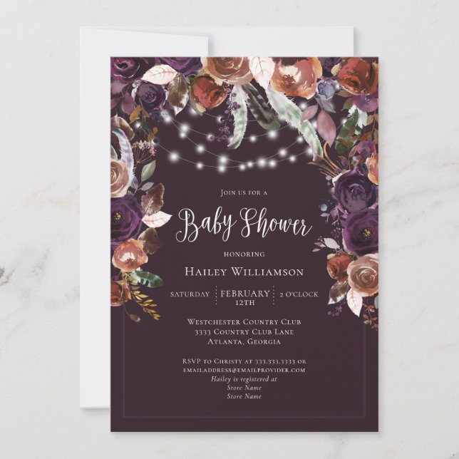 Plum, Purple, Gold Floral String Light Baby Shower Invitation (Front)