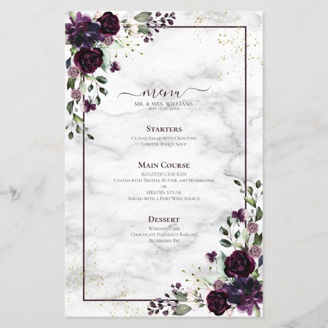 Plum Purple Gold Floral Watercolor Marble Wedding (Front)