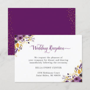 Plum Purple Gold Floral Wedding Reception Details Invitation