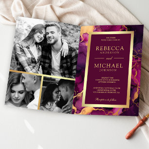 Plum Purple Gold Fluid Ink QR Code Wedding Invitation
