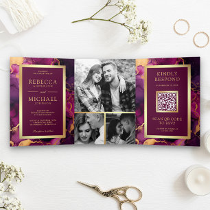 Plum Purple Gold Fluid Ink QR Code Wedding Tri-Fold Invitation