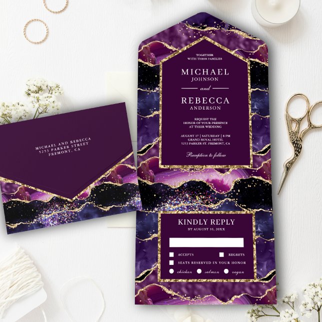Plum Purple Gold Glitter Agate Marble Wedding All In One Invitation (Creator Uploaded)