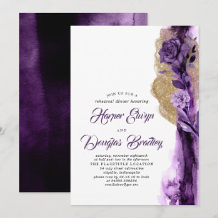 Plum Purple & Gold Glitter Floral Rehearsal Dinner Invitation