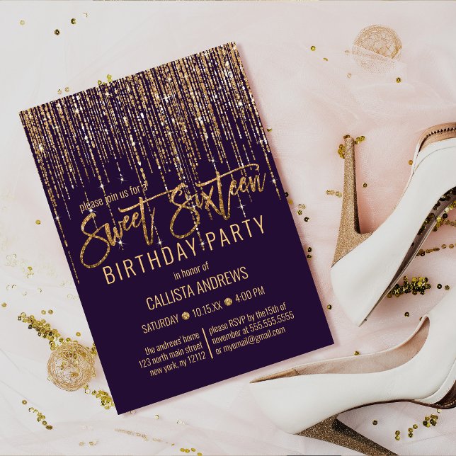 Plum Purple Gold Glitter Fringe Curtain Sweet 16 Invitation (Creator Uploaded)
