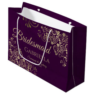 Plum Purple & Gold Lace Elegant Bridesmaid Large Gift Bag