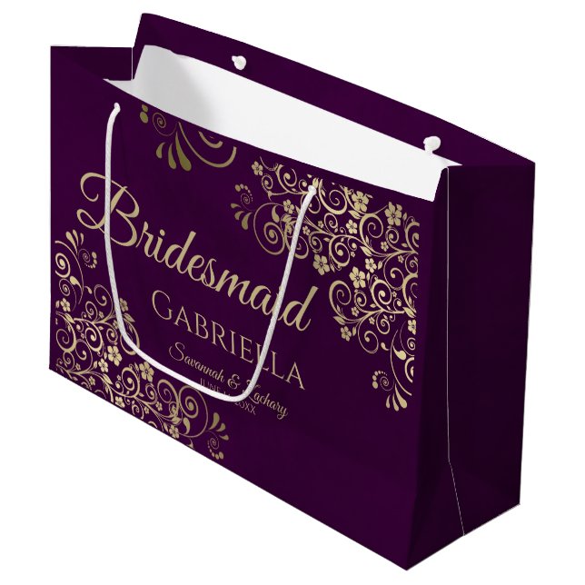 Plum Purple & Gold Lace Elegant Bridesmaid Large Gift Bag (Front Angled)