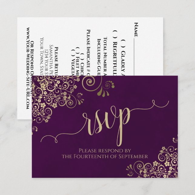 Plum Purple Gold Lace Elegant Calligraphy Wedding RSVP Card (Front/Back)
