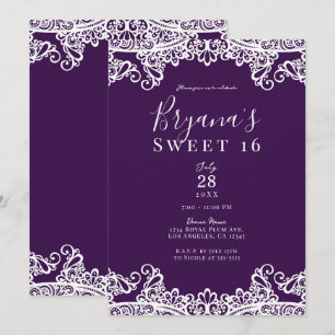 Plum Purple & Gold Lace Elegant Sweet 16 Party   Invitation