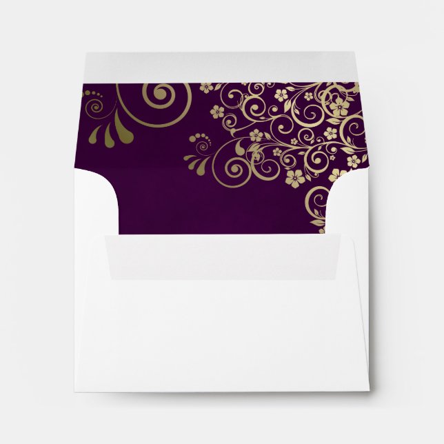 Plum Purple & Gold Lace Inside White Wedding RSVP Envelope (Back (Bottom))