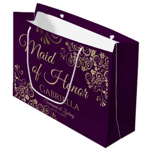 Plum Purple & Gold Lace Maid of Honour Wedding Large Gift Bag