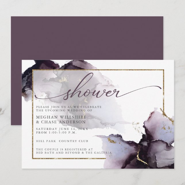 Plum Purple Gold Marble  Abstract Watercolor Invitation (Front/Back)