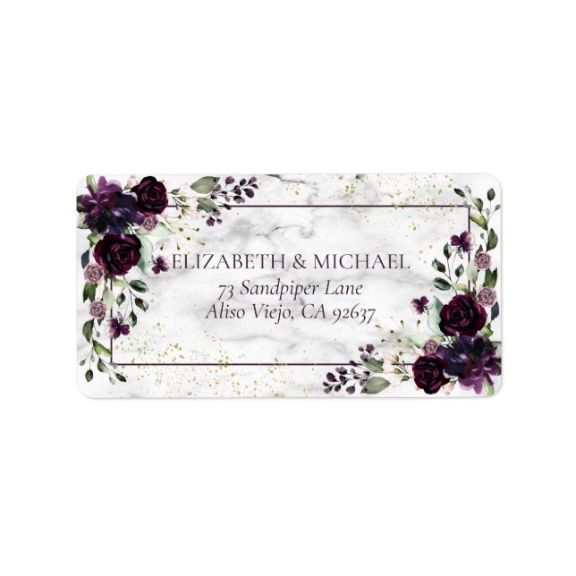 Plum Purple Gold Marble Fall Wedding Address Label (Front)