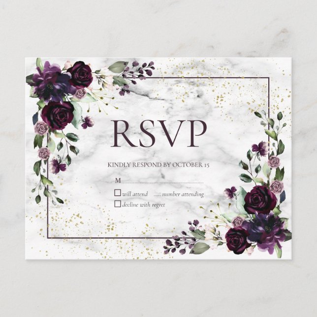 Plum Purple Gold Marble Fall Wedding No Menu RSVP (Front)