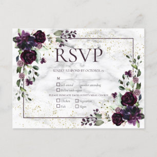 Plum Purple Gold Marble Fall Wedding RSVP Invitation Postcard