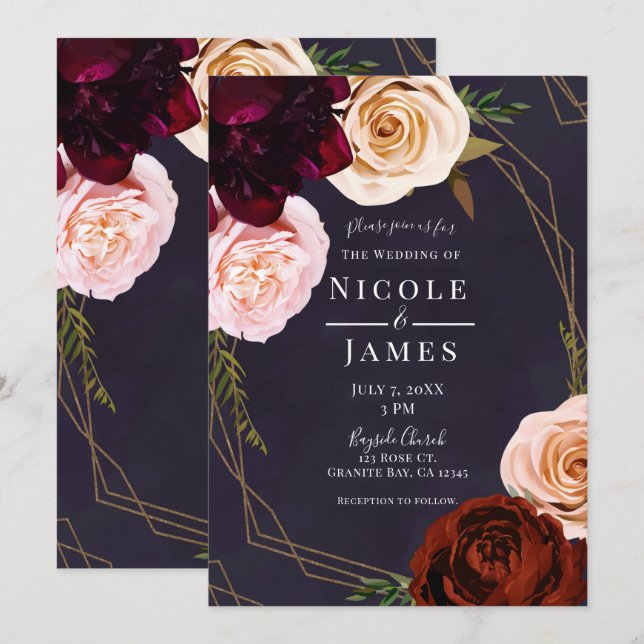 Plum Purple & Gold Modern Rustic Floral Wedding Invitation (Front/Back)
