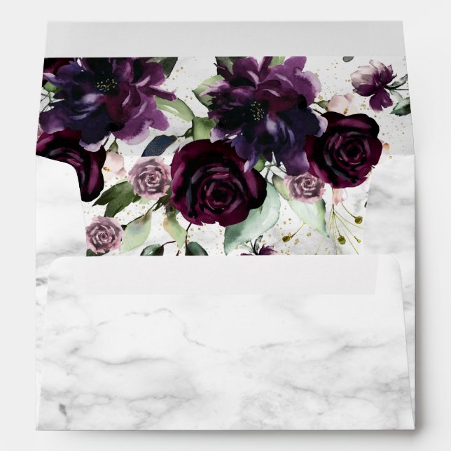 Plum Purple Gold Watercolor Marble Fall Wedding Envelope (Back (Bottom))