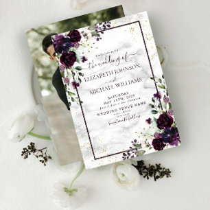 Plum Purple Gold Watercolor Marble Photo Wedding Invitation