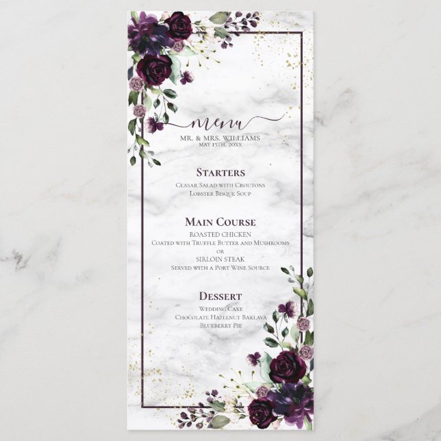 Plum Purple Gold Watercolor Marble Wedding Menu (Front)