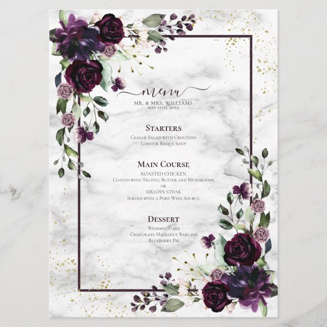 Plum Purple Gold Watercolor Marble Wedding Menu (Front)