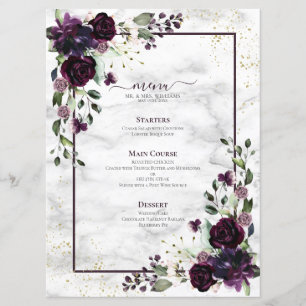 Plum Purple Gold Watercolor Marble Wedding Menu