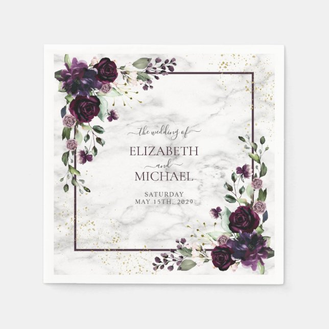 Plum Purple Gold Watercolor Marble Wedding Napkin (Front)